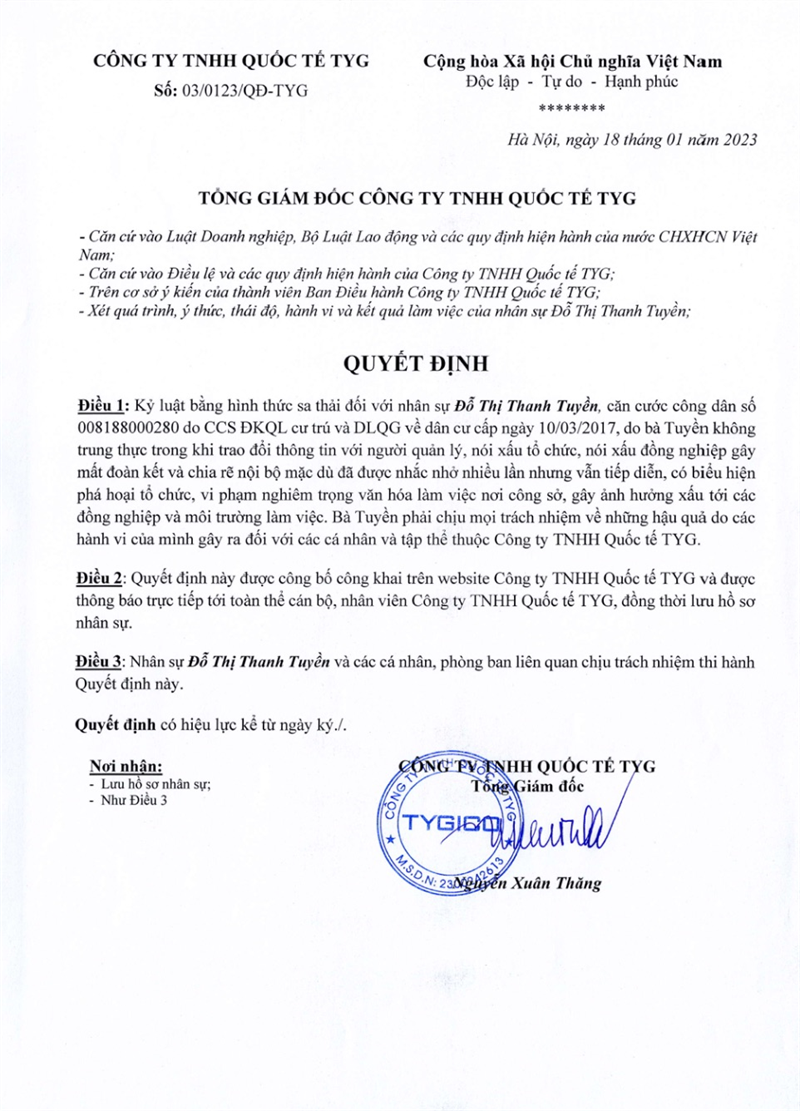 quyết định kỷ luật Đỗ Thị Thanh Tuyền nhân viên TYGICO